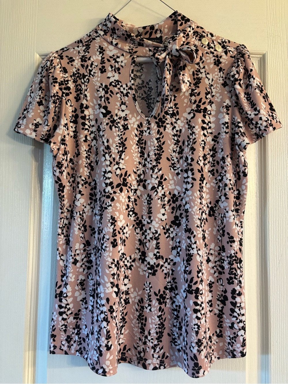 Floral Tie-Neck Women's Top - Pink/Black